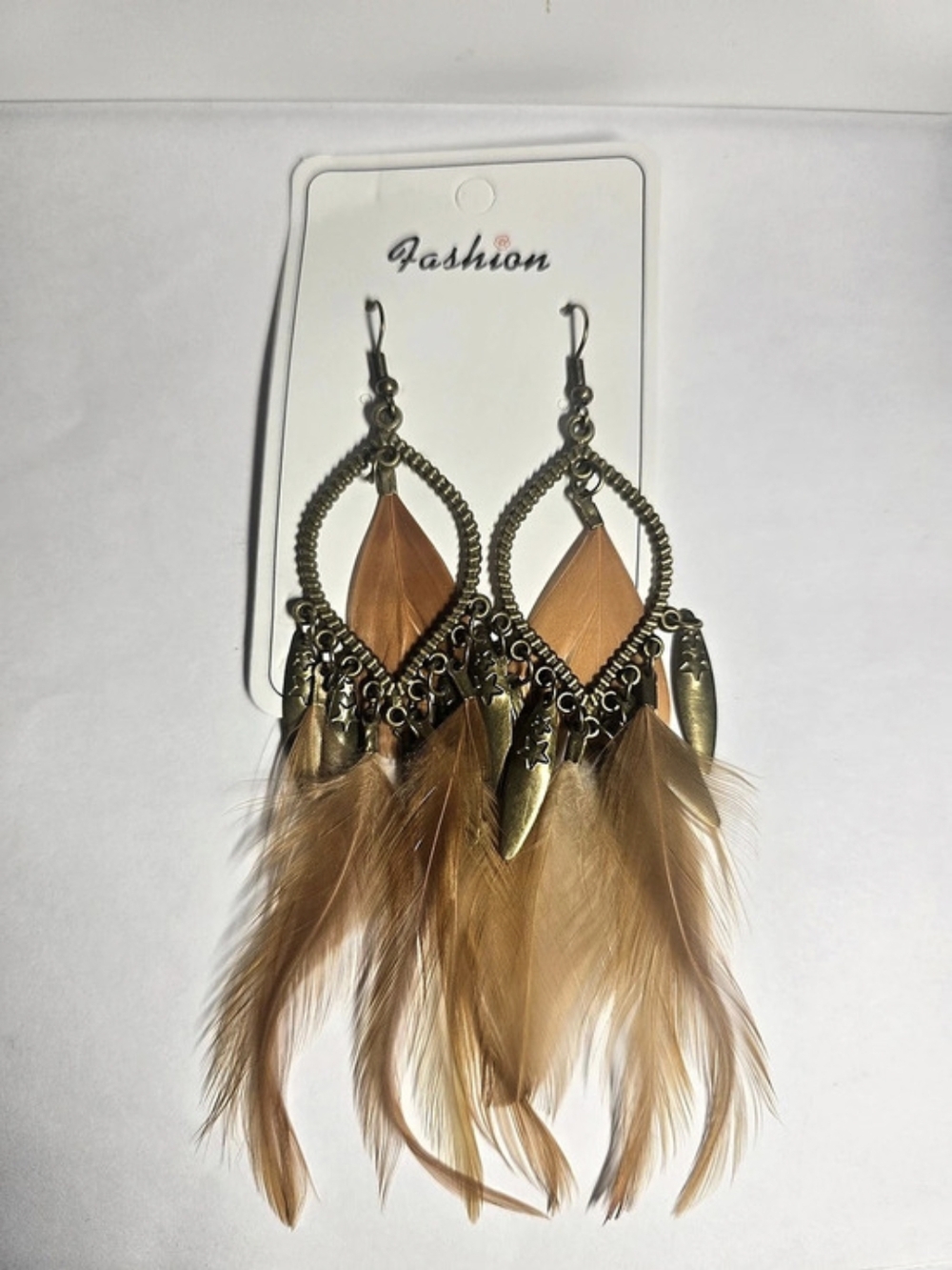 Brown Feather Dangle Earrings Antique Bronze Boho Tribal Statement Jewelry